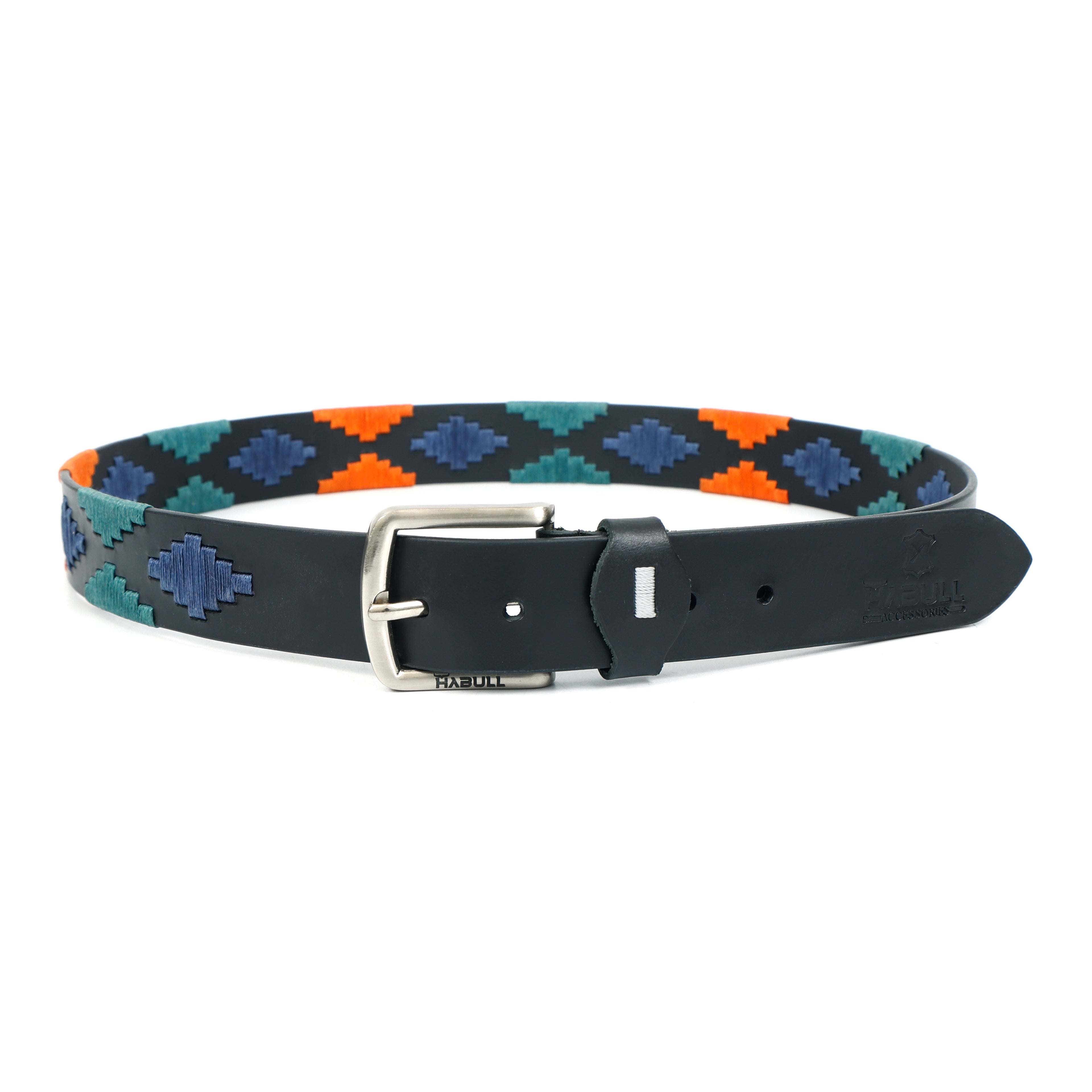 Black Gaucho Leather Belt with Teal, Orange & Navy Waxy Thread Embroidery