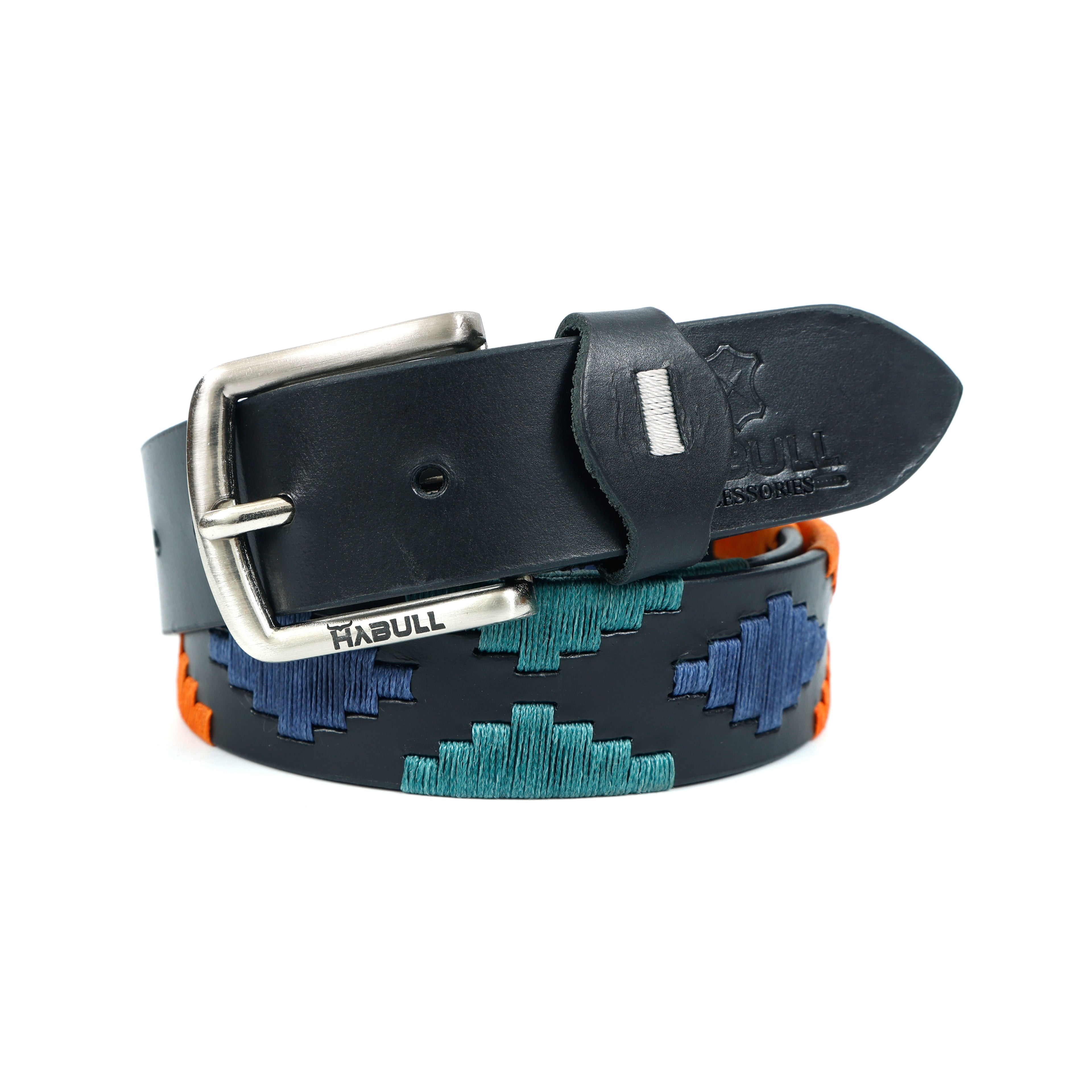 Black Gaucho Leather Belt with Teal, Orange & Navy Waxy Thread Embroidery