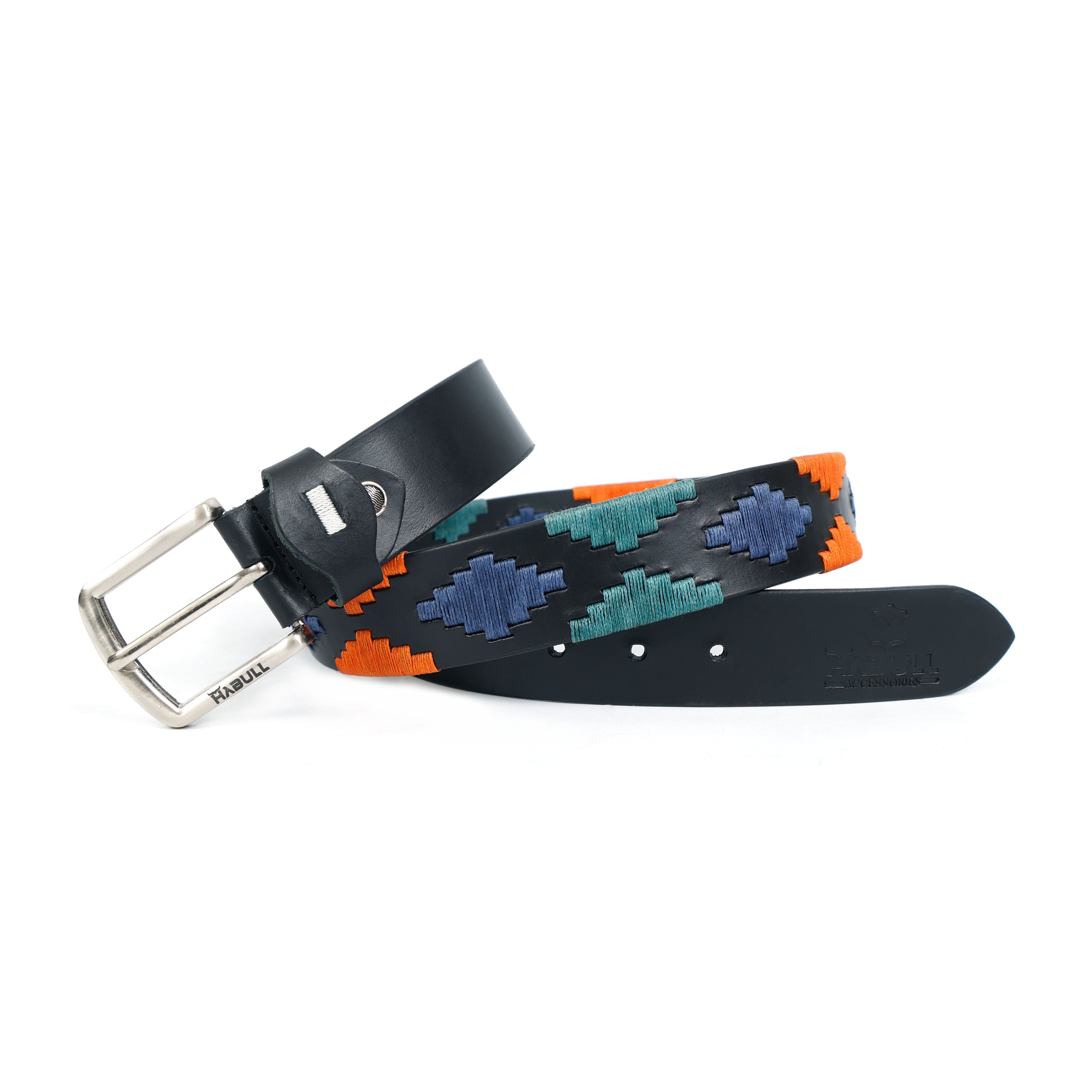 Black Gaucho Leather Belt with Teal, Orange & Navy Waxy Thread Embroidery