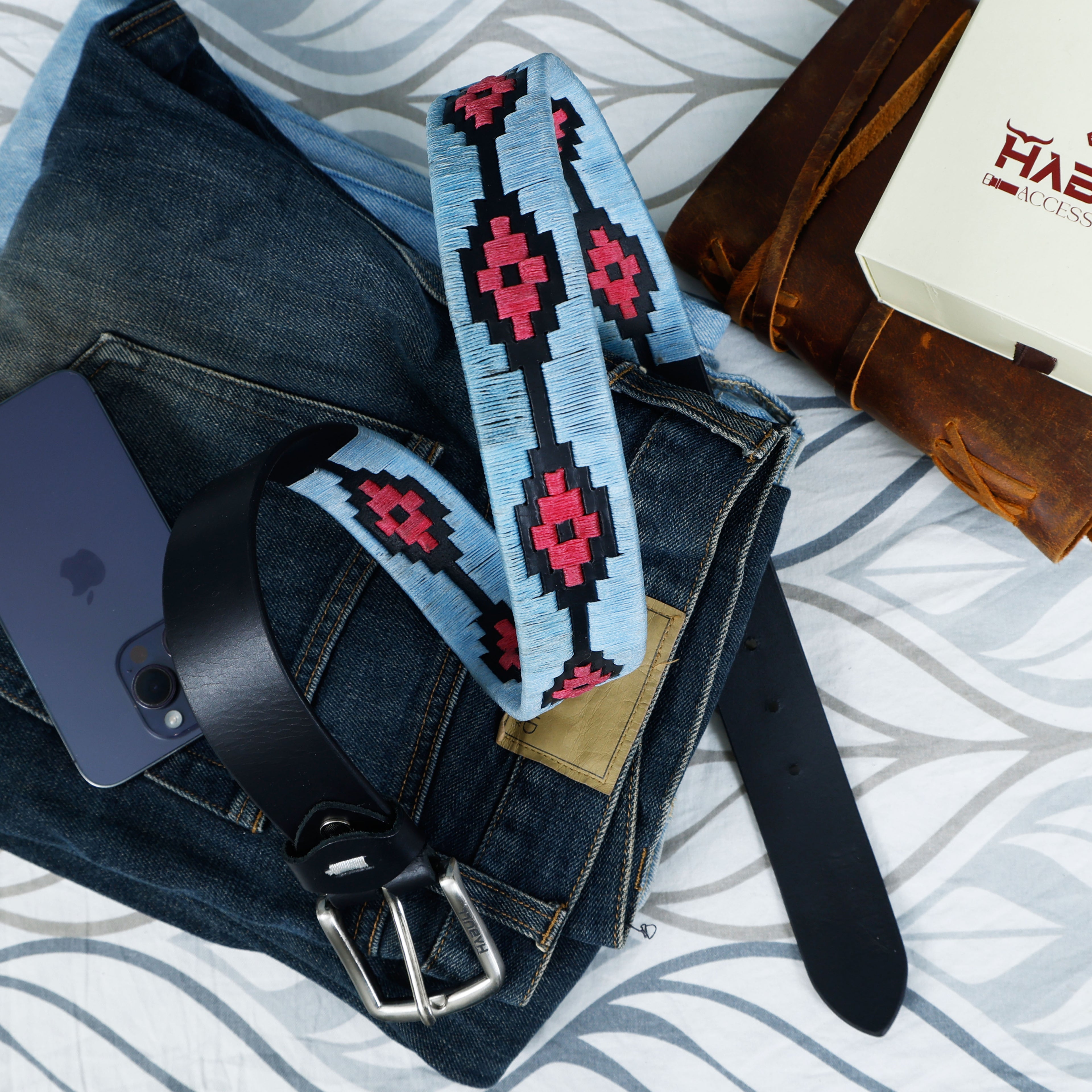 Handcrafted Black Polo Belt with Sky-Blue & Pink Waxy Thread Stitching