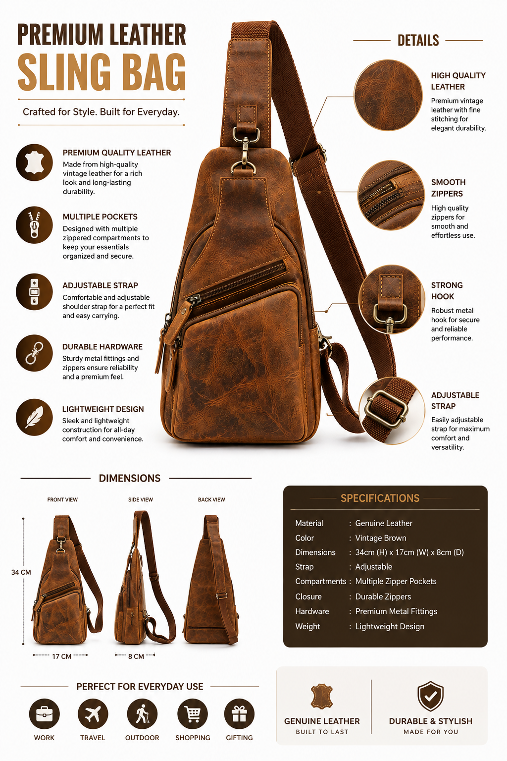 Premium Genuine Leather Sling Bag – Stylish, Durable & Perfect for Everyday Use