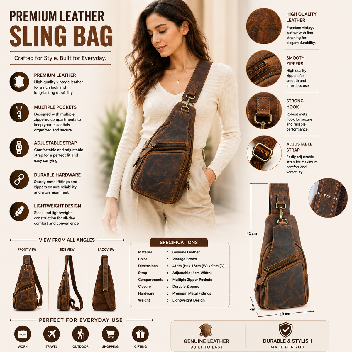Premium Genuine Leather Sling Bag – Stylish, Durable & Perfect for Everyday Use