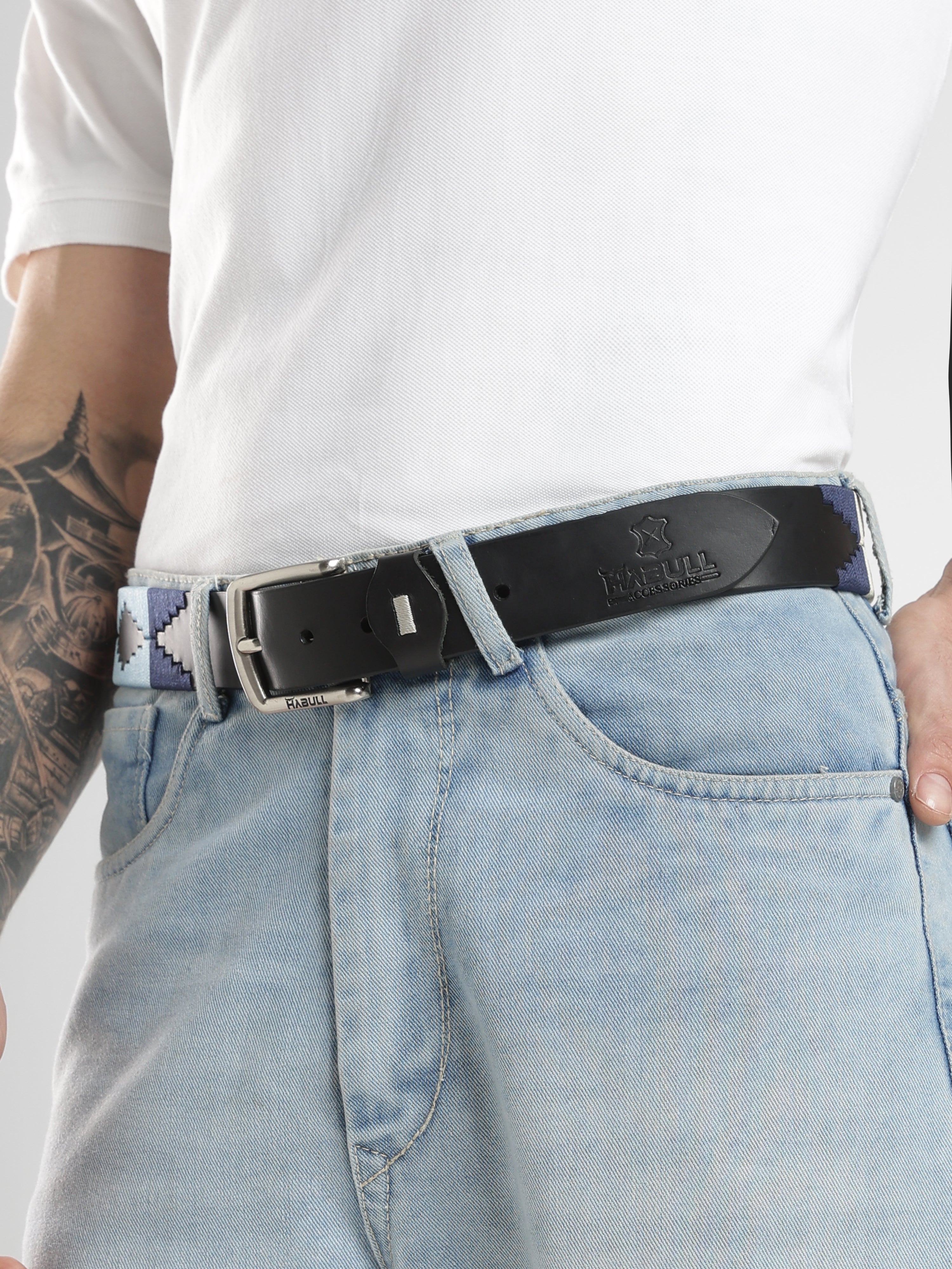 Black Leather Polo Belt with Multicolor Thread Embroidery – Handmade & Premium