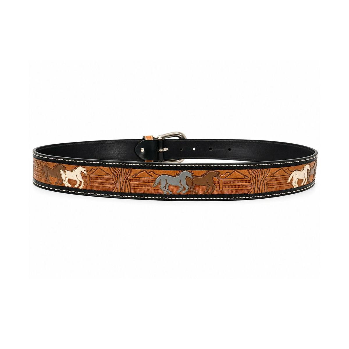 Authentic Western Style Horse Motif Tooled Leather Belt