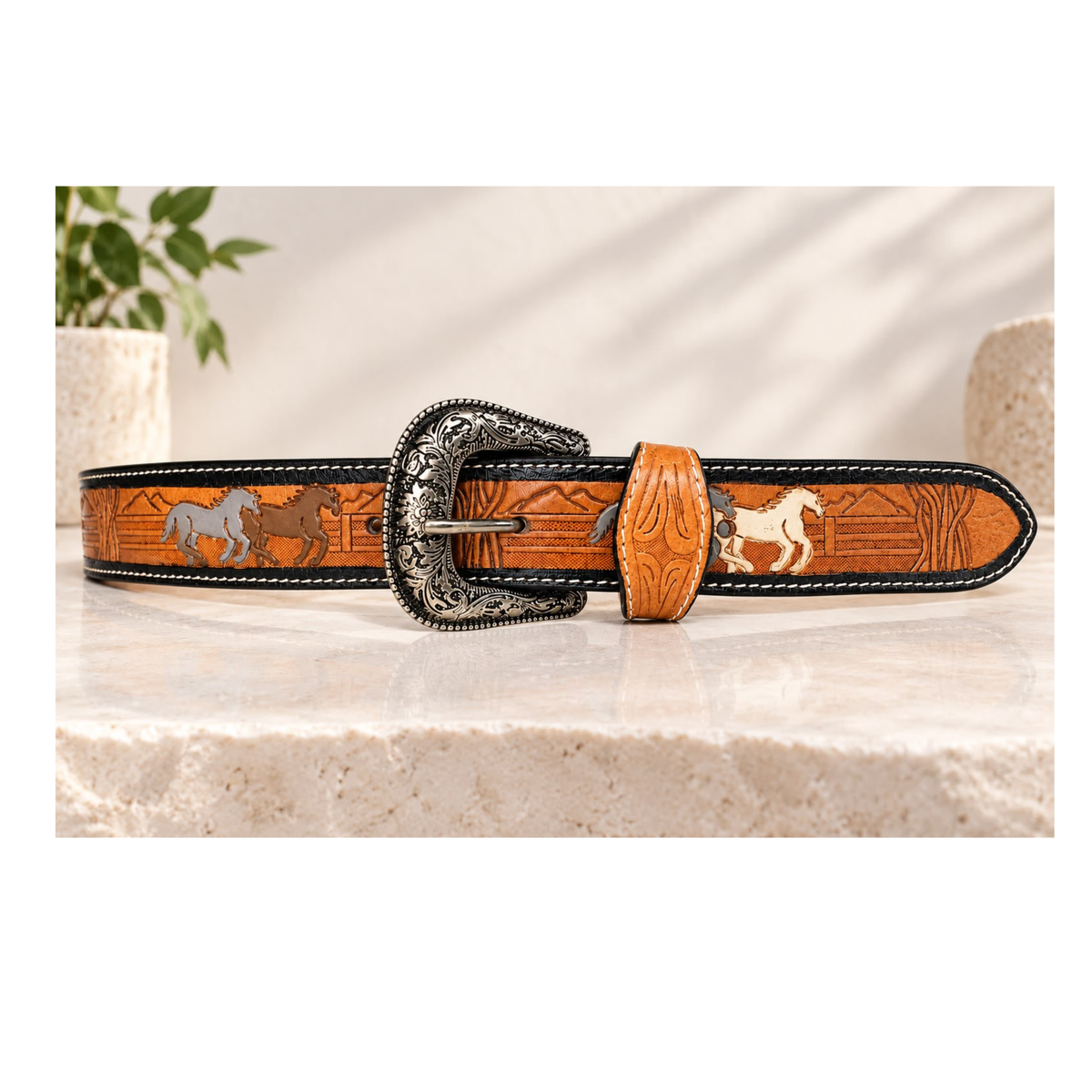Authentic Western Style Horse Motif Tooled Leather Belt
