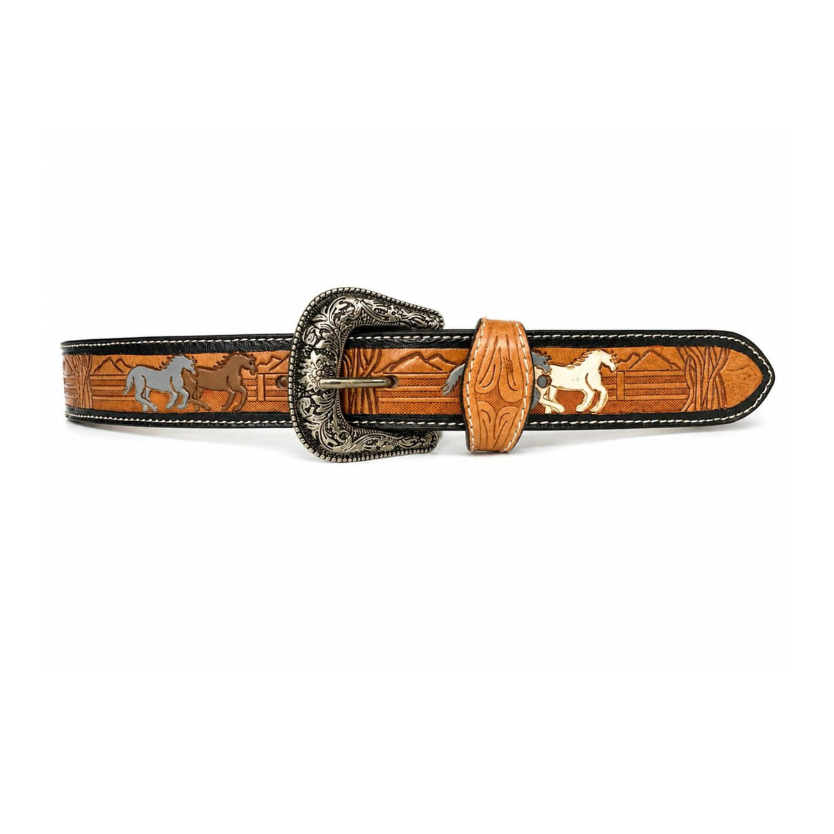 Authentic Western Style Horse Motif Tooled Leather Belt