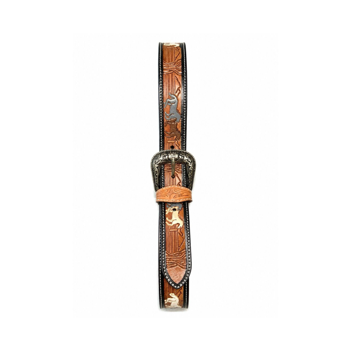 Authentic Western Style Horse Motif Tooled Leather Belt