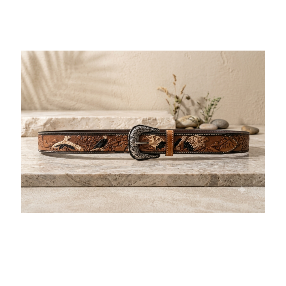 Authentic Western Style Eagle Motif Tooled Leather Belt