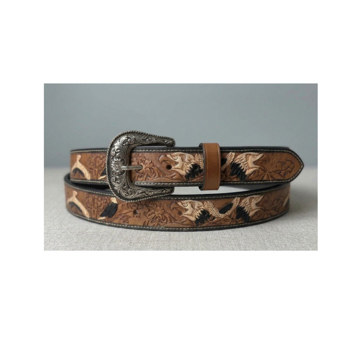 Authentic Western Style Eagle Motif Tooled Leather Belt