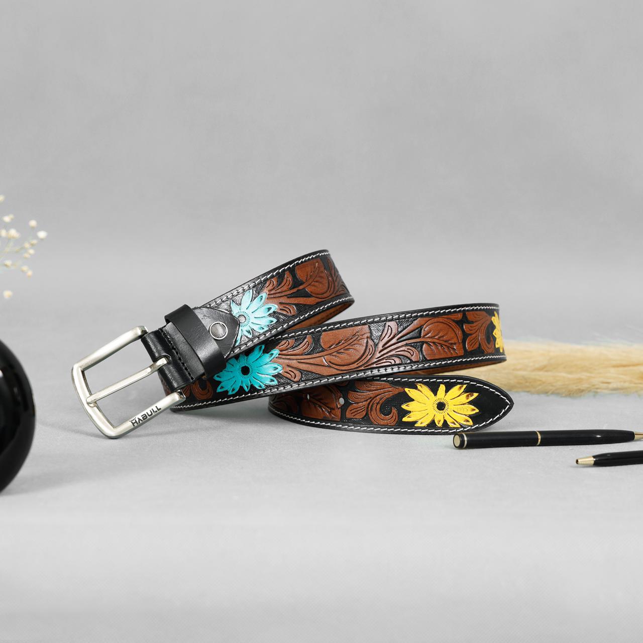 Handcrafted Leather Belt with Floral Tooled Design – Western Style Fashion Accessory