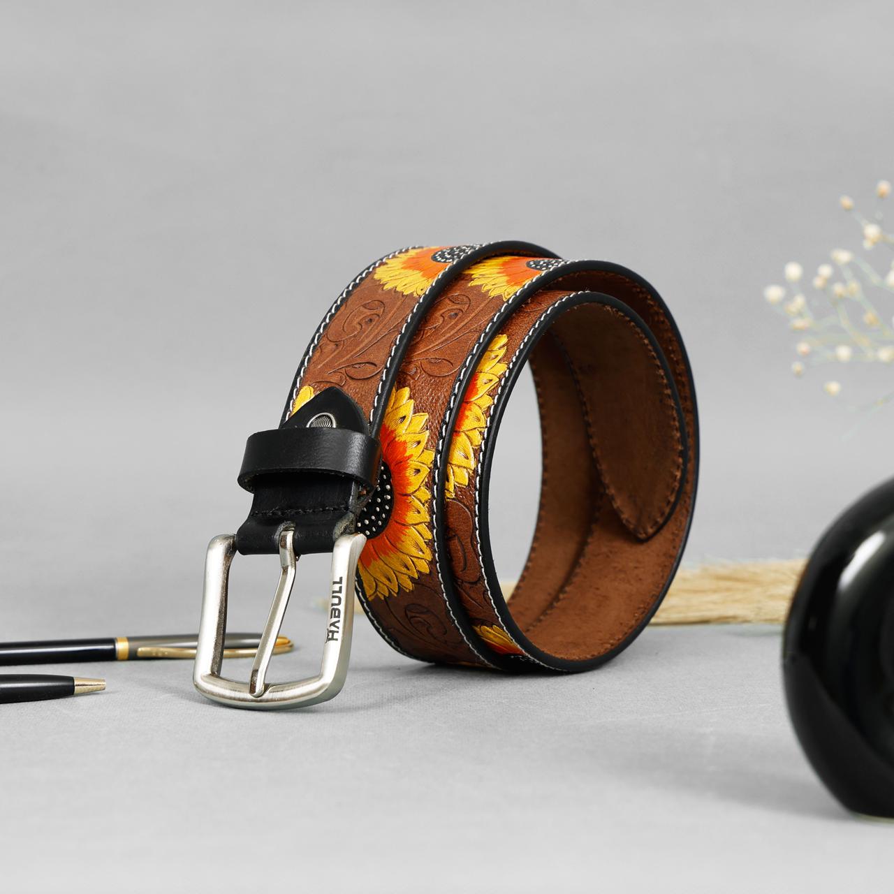 Handcrafted Sunflower Tooled Leather Belt – Premium Brown Leather with Floral Detailing