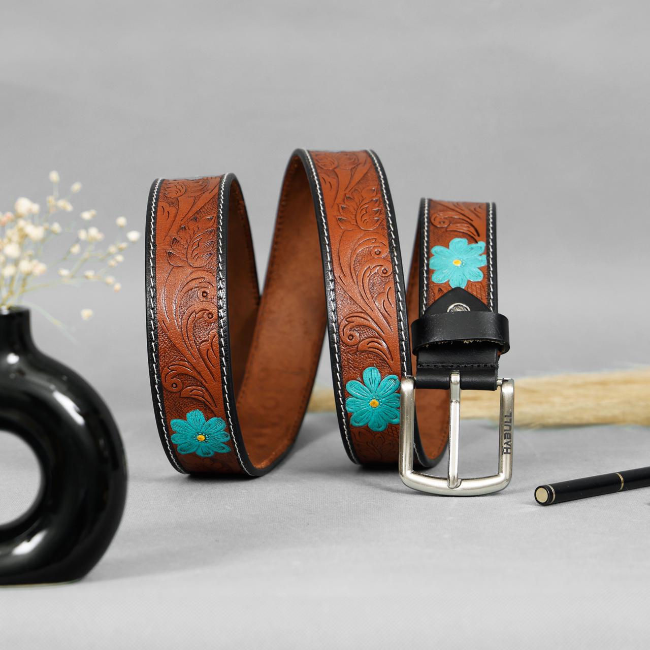 Handcrafted Tooled Leather Belt with Turquoise Floral Accents – Premium Brown Western Belt