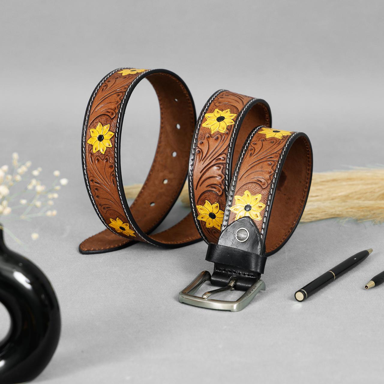 Handcrafted Tooled Leather Belt with Yellow Floral Engravings – Premium Western Brown Belt