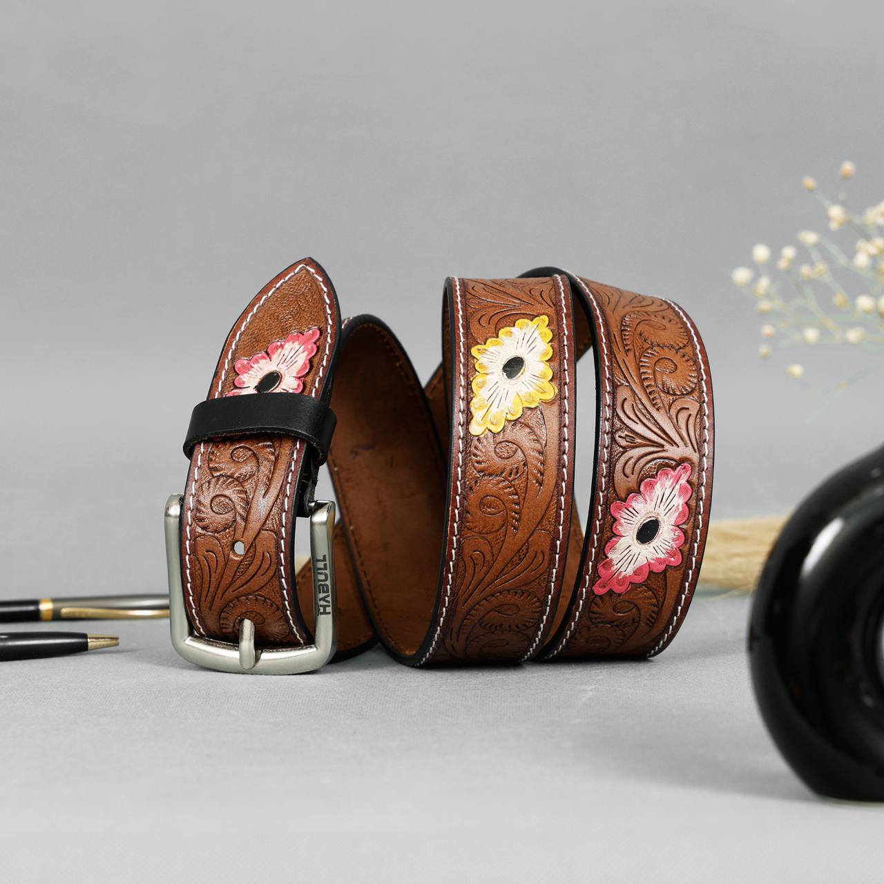 Hand-Tooled Leather Belt with Multicolor Floral Engraving – Western Cowgirl & Cowboy Style