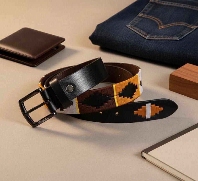 Handcafted Polo Genuine Leather Belt – Black Strap with Black Buckle & Multicolor Stitching