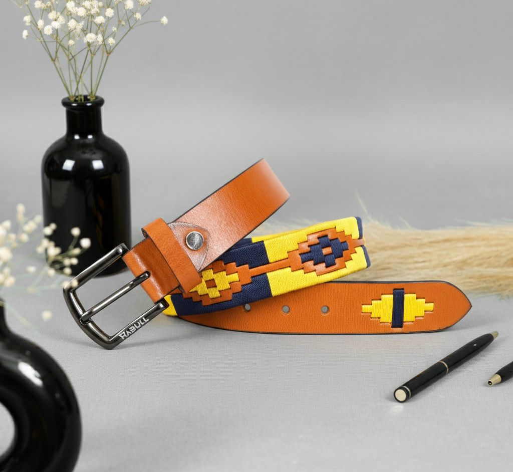 Handcrafted Polo Genuine Leather Belt – Tan Strap with Yellow & Blue Contrast Stitching