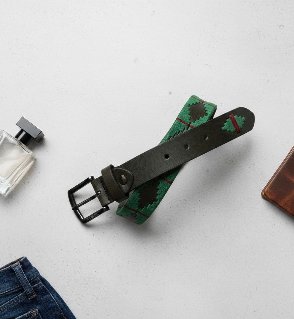 Handcrafted Polo Genuine Leather Belt – Black Strap with Green & Red Stitching